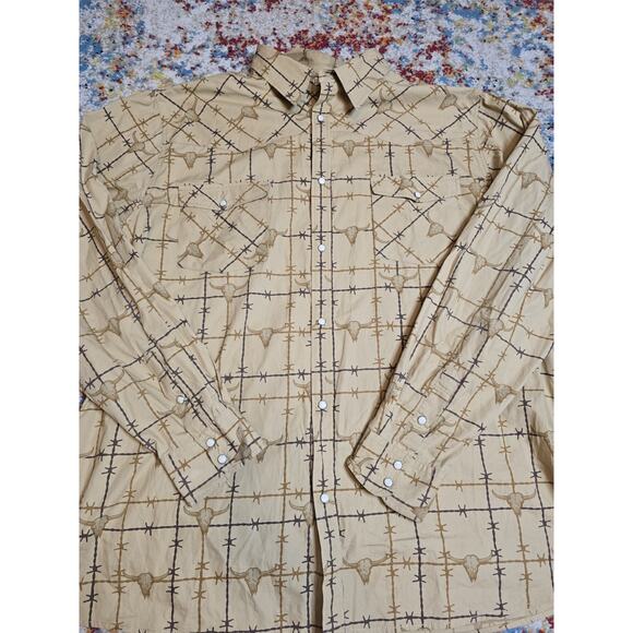 Cowboy Hardware Pearl Snap Shirt Size XXL Brown Skull Barbed Wire Western Rodeo - Picture 1 of 5